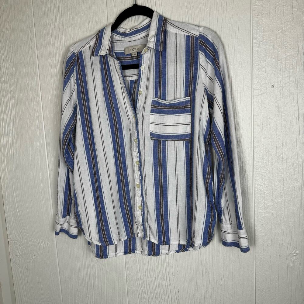 LOFT Striped Linen Blend Everyday Pocket Shirt Button Front Size Small - Picture 3 of 8